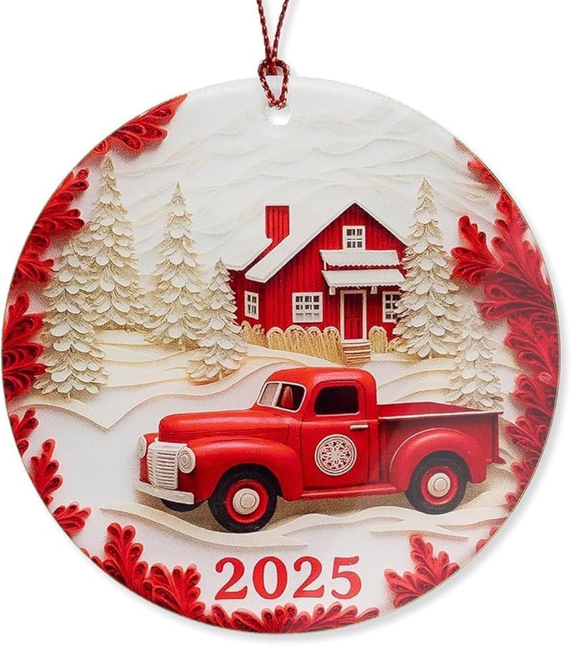 NELXI Red Truck Christmas Ornaments, Christmas Ornaments 2025, Vintage Farmhouse Holiday Decoration, Rustic Red Pickup Scene, Cozy Winter Keepsake, Classic Festive Gift for Tree Display - Image 1